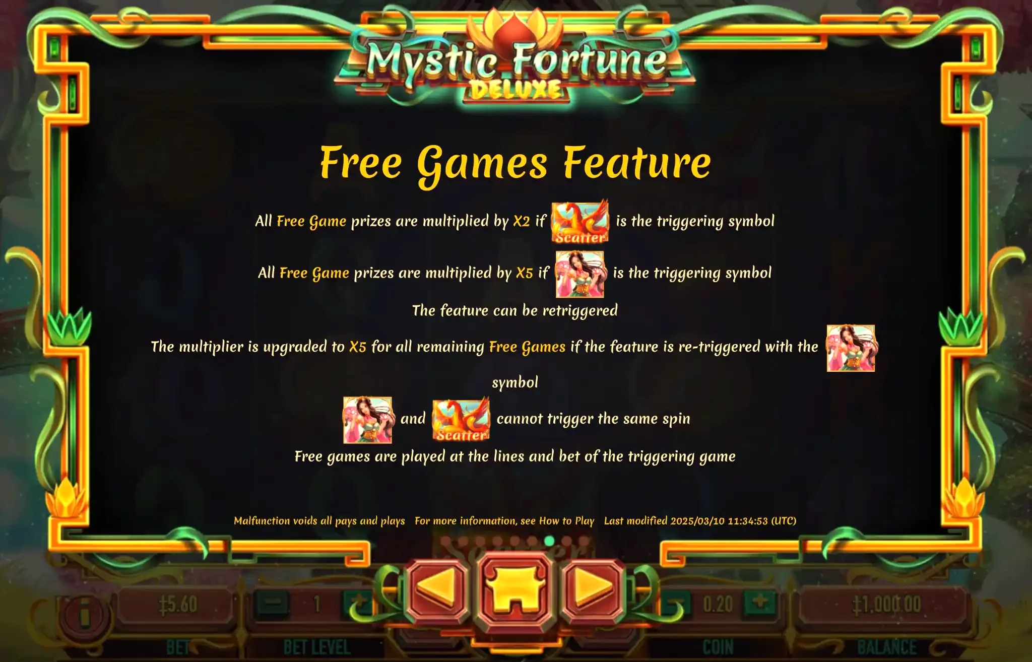 Information about free games and multipliers in the demo